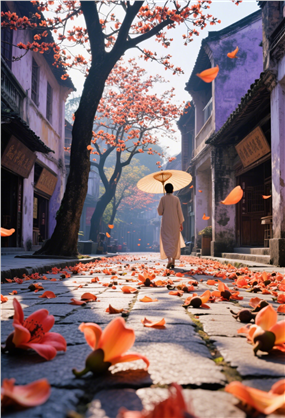 街头木棉花开花落行人背影图片